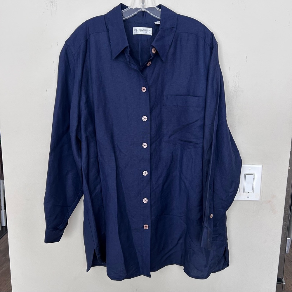 NWOT Elisabeth Liz Claiborne Blue Linen Long Sleeve Button-Up shirt. Size 16